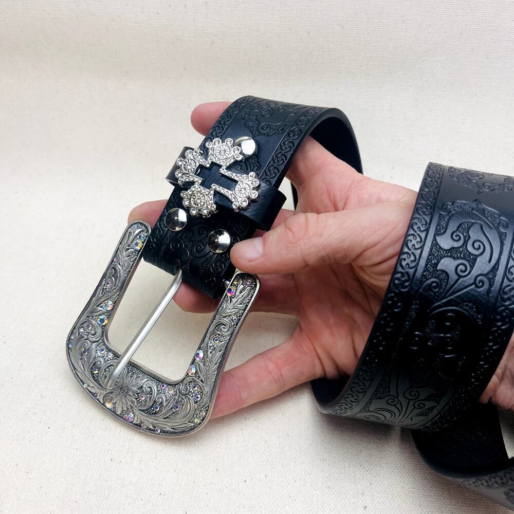 Y2k 2000s Vintage Chrome Cross Buckle Belt Studded Vegan Leather